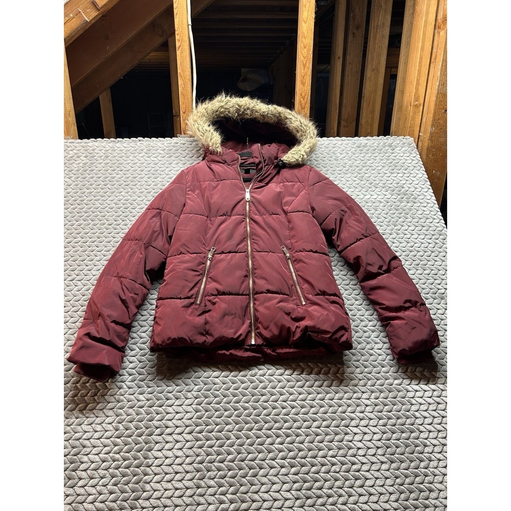 Attention Womens Puffer Jacket S Burgundy Faux Fur Hood Y2K Winter Coat